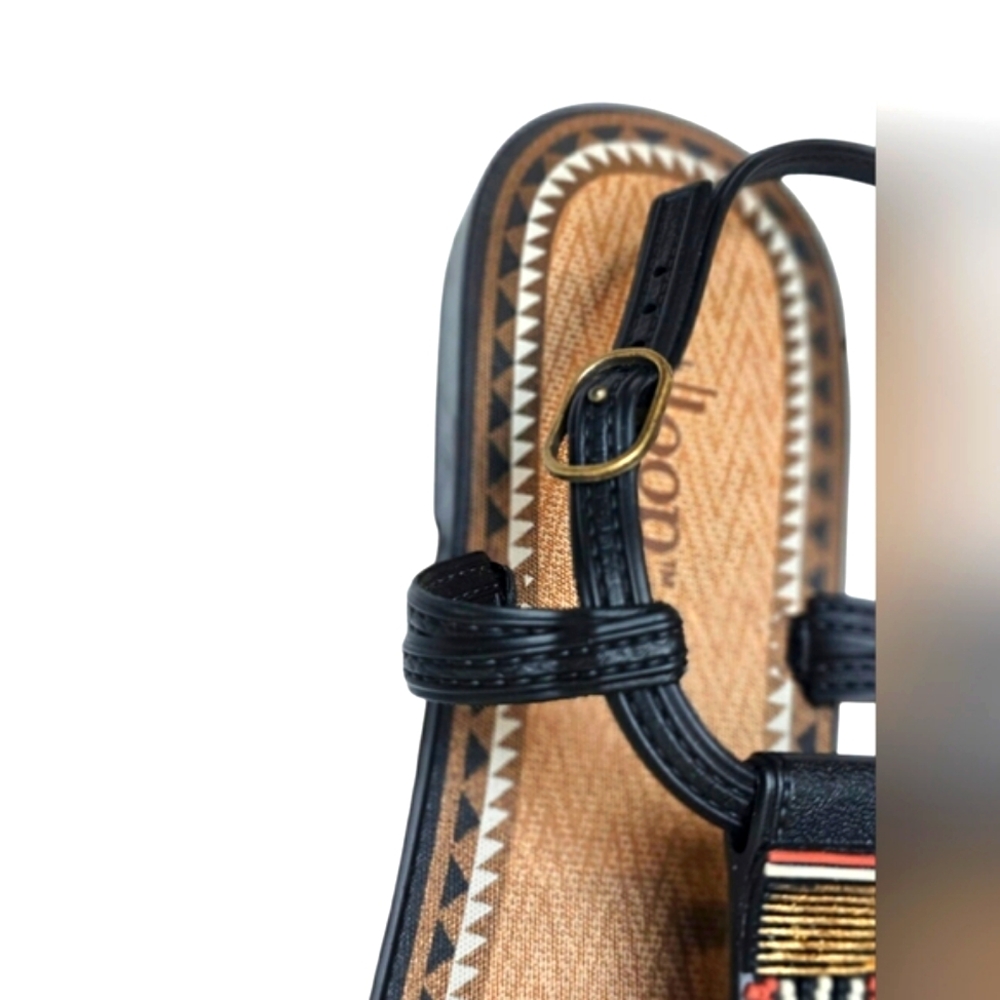 West Loop Western Aztec Shoes Rubber Beaded Black Rust Orange & Tan Sandals - Picture 5 of 8